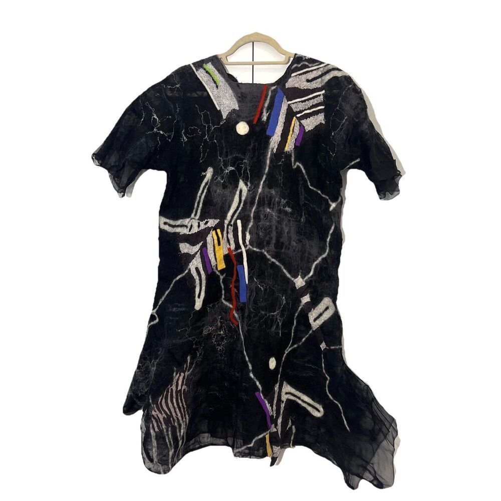 Nika Dress Womens M Art To Wear Fused Fabric Abstract‎ Sheer Artsy Short Sleeve